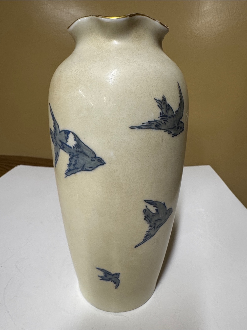 Imperial PSL Cream Ceramic Vase with Blue Flying Bird Motif Austria 8.25” tall